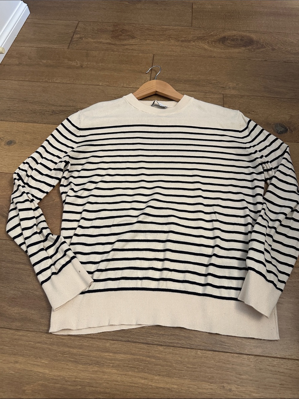 Zara Cream and Black Striped Crewneck Sweater